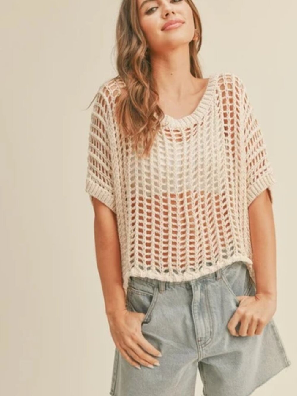 Miou Muse Delmare Lightweight Loose Knit Top in cream oversized relaxed fit